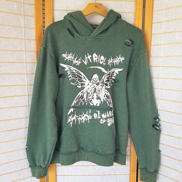 VITRIOL Fang Distressed Hoodie Green Sweatshirt Men's Medium - Picture 1 of 8